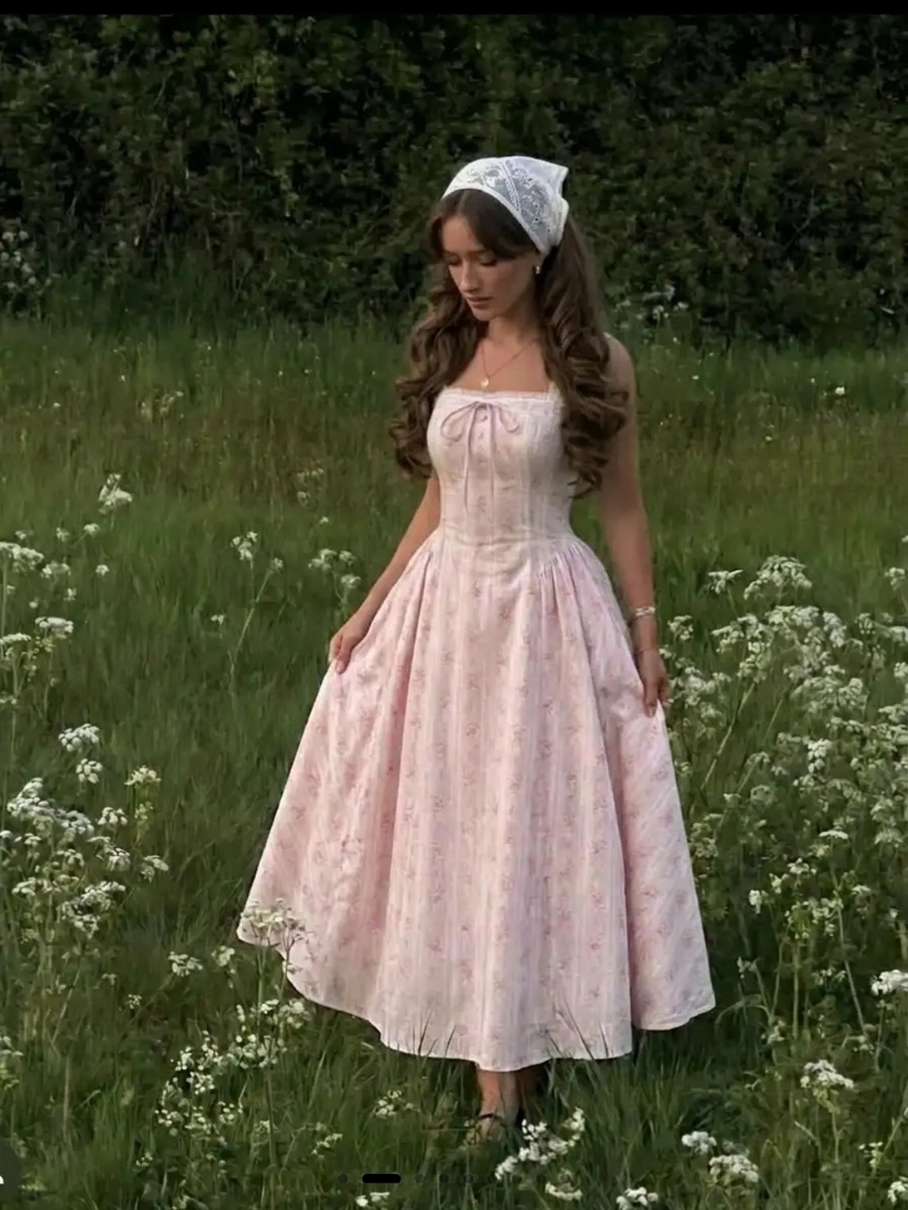 CIDER Fairycore Vintage-Inspired Pink Floral Midi Dress with Square Neck